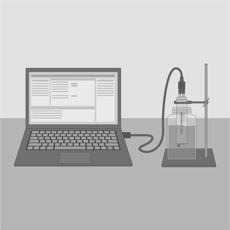 Turbidity sensor calibration procedure for an NX260. A computer displays readings from an N260 Turbidity Sensor as it is calibrated. The sensor is suspended in a 1 liter bottle of water that is filled halfway (500 ml).