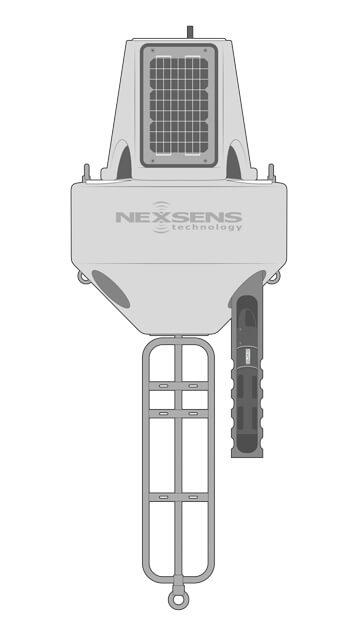 An XB-200 NexSens data buoy equipped with a turbidity sensor and X3 data logger (inside the solar tower).