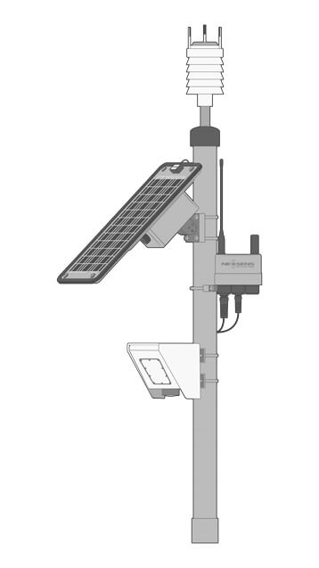 A pole-mounted real-time flood warning system equipped with a multiparameter weather station, solar panel, NexSens X3 data logger, and a level sensor.