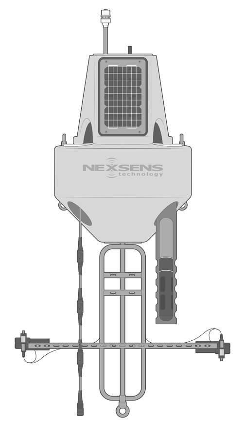 A NexSens XB-200 data buoy equipped with a multi-parameter weather station, X3 data logger (not visible, within the solar tower), thermistor string in the left pass-through port, and a multi-parameter water quality sonde in the right pass-through port. On the buoy cage itself, a stainless steel beam is mounted horizontally with a solar radiation sensor positioned upward on the left and another positioned downward on the right.