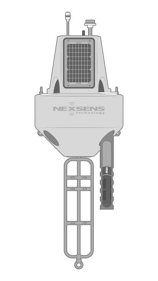 A NexSens XB-200 data buoy equipped with a marine light, multiparameter weather station, an X3 data logger (not visible, located in the solar tower), and a multiparameter water quality sonde.