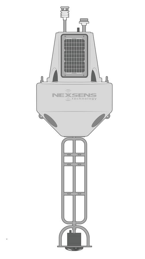 An XB-200 data buoy equipped with a NexSens X3 data logger (not visible, inside the solar tower), multiparameter weather station, LED beacon, and bottom mounted ADCP.
