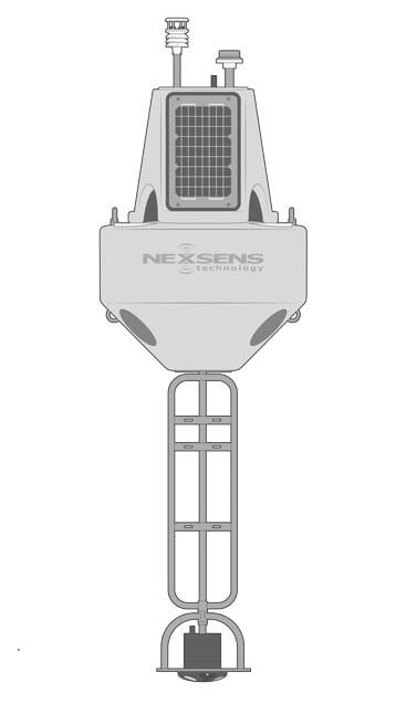 An XB-200 data buoy equipped with a NexSens X3 data logger (not visible, inside the solar tower), multiparameter weather station, LED beacon, and bottom mounted ADCP.