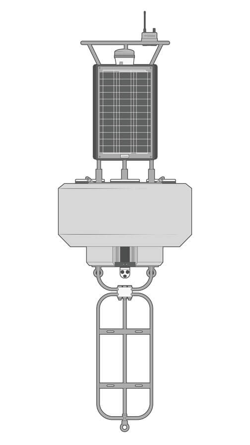 A CB-1250 data buoy deployed in open water equipped with a NexSens X3 data logger and ADCP.